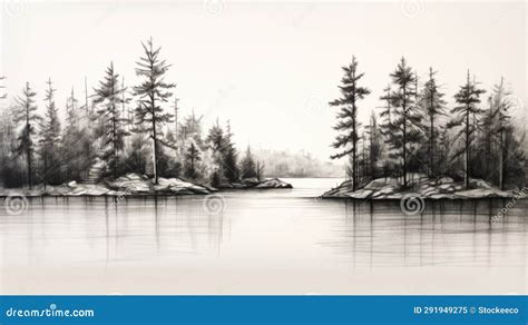 Black and Gray Drawing of a Serene Lake Surrounded by Tall Trees Stock ...