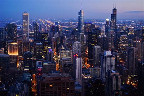 Downtown Chicago Skyline At Night As Seen From The John Hancock ...