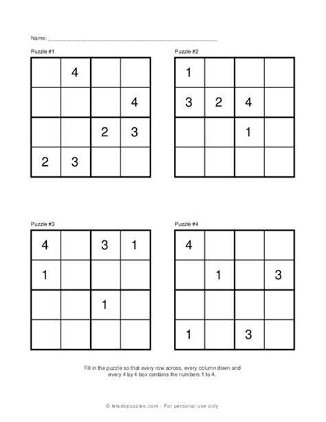 Printable Sudoku for Kids - 4x4 Grid - Easy