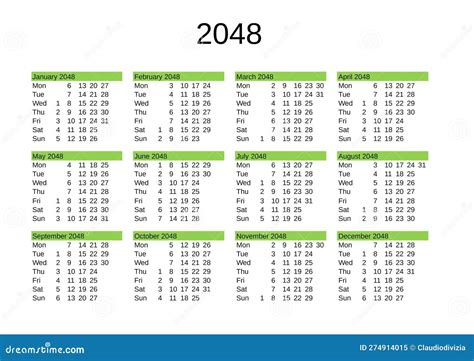 Year 2048 Calendar in English Stock Illustration - Illustration of ...