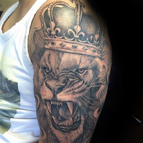 Angry Lion With Crown Guys Sleeve Tattoo Ideas