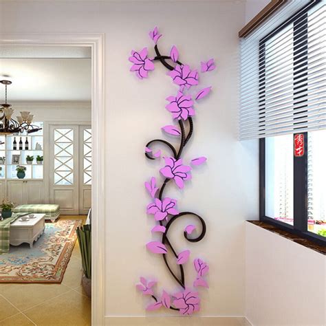 3D Rose Flower Rattan Wall Stickers Romantic Floral Wall Decor (Purple ...