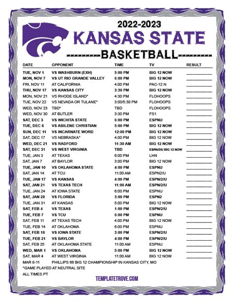 Printable 2022-2023 Kansas State Wildcats Basketball Schedule