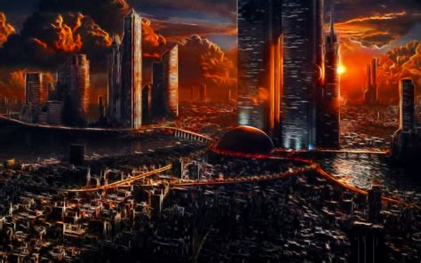 Apocalyptic Sci-Fi City: HD Wallpaper of Fire and Clouds