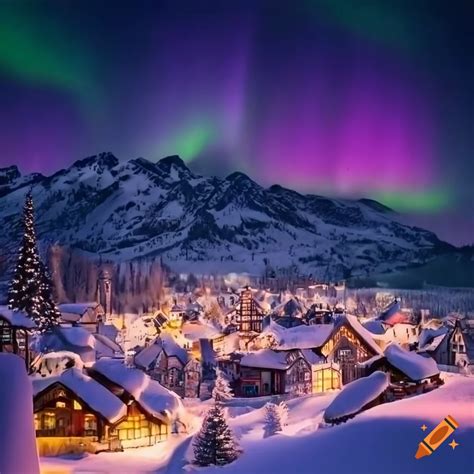 Snowy christmas town surrounded by mountains under the northern lights ...