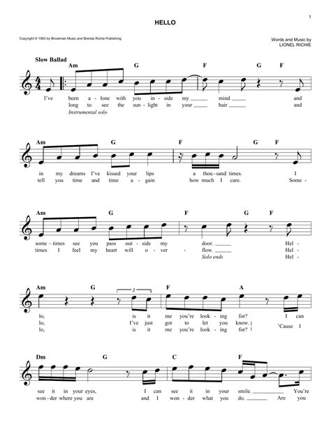 Hello by Lionel Richie Sheet Music for Easy Lead Sheet / Fake Book at ...