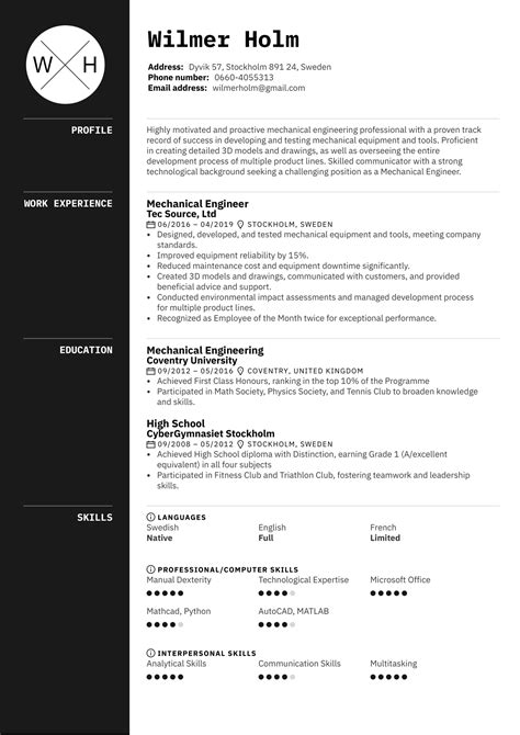 Mechanical Engineering Resume Example