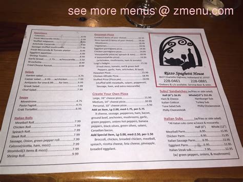 Menu at Rizzo's Spaghetti House pizzeria, Fort Mill, Charlotte Hwy