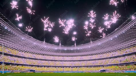 Fireworks in soccer stadium with crowd fans and waving flags ...