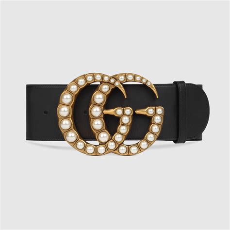 Gucci Wide Leather Belt With Pearl Double G in Black | Lyst