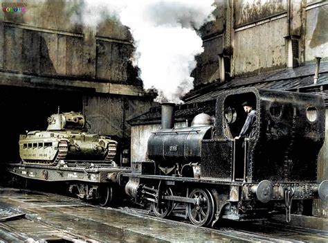 A British Matilda II tank is pulled by an industrial steam locomotive ...