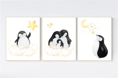 Penguin nursery, yellow nursery wall art, gender neutral nursery, baby ...