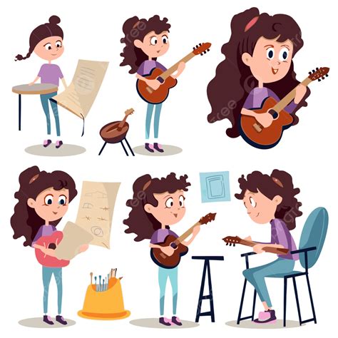 Gadis Kecil Clipart Berbakat Berlatih Gitar Dan Berbagai Pose Kartun ...