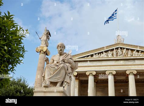 Plato statue , Athena statue and Athens academy Stock Photo - Alamy