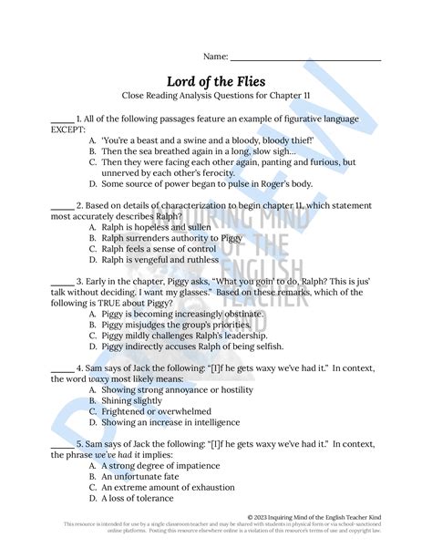 Lord of the Flies Chapter 11 Close Reading Analysis Worksheet ...