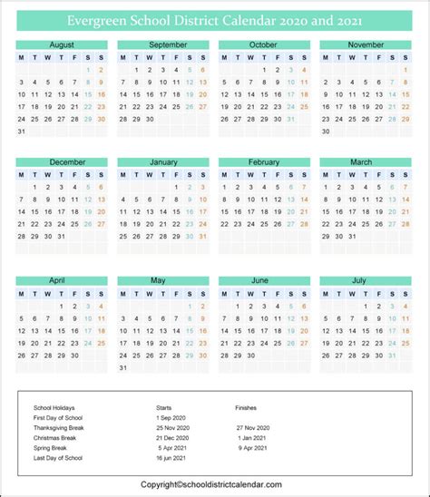 Evergreen School District Calendar Holidays 2020-2021