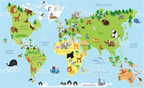 Funny cartoon world map with traditional animals of all the ...