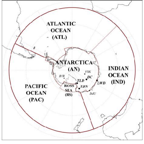 Map of Southern Hemisphere with the Pacific Ocean (PAC), Indian Ocean ...