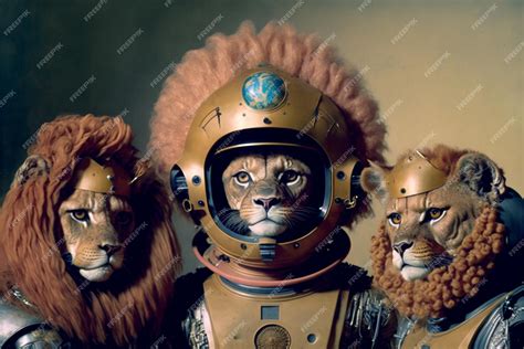 Premium AI Image | Image of three lions in a space suit generative ai