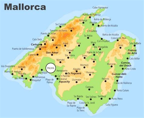 Map of Majorca with cities and towns