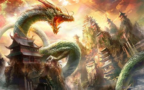 Wyrm and temple on mountain digital wallpaper, fantasy art, dragon ...