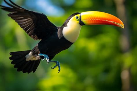 Premium Photo | A toucan flying through the air with a bright colored beak