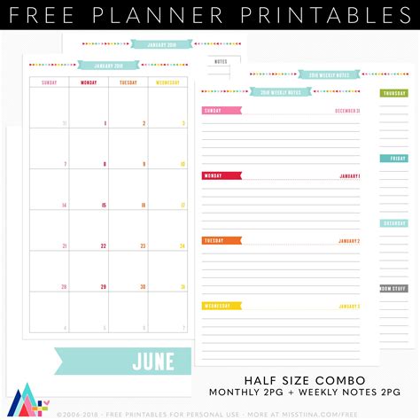 FREE {PRINTABLE} Half size Planner Combo June 2018 Printable Planner ...