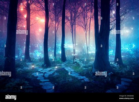 Magical forest path with glowing fireflies . Night magical fantasy ...