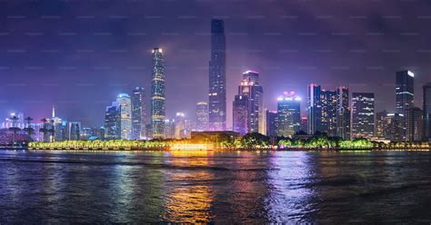 Guangzhou cityscape skyline over the Pearl River with Liede Bridge ...