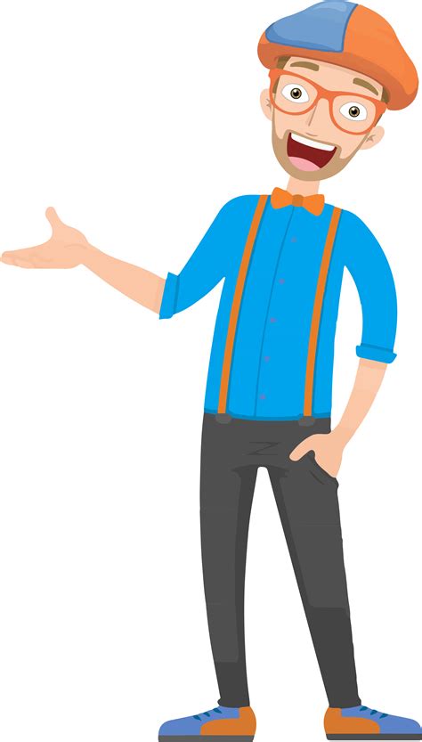 an image of a man with glasses and suspenders pointing to the side ...