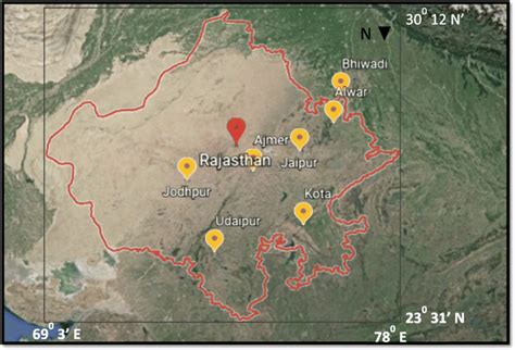 Study area with location of selected cities: Ajmer, Alwar, Bhiwadi ...