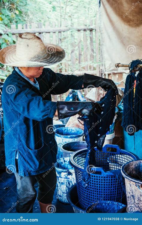 Process of Making Indigo Dye Fabric, Woman Dying Fabric with Ind ...