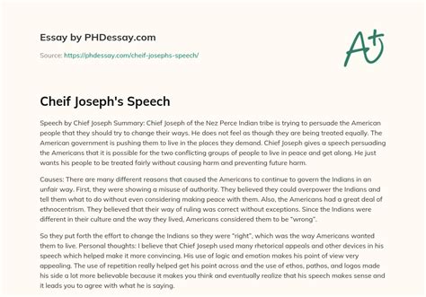 Cheif Joseph'S Speech Summary Example (300 Words) - PHDessay.com