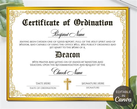 Deacon Ordination Certificate Template Printable Certificate - Etsy