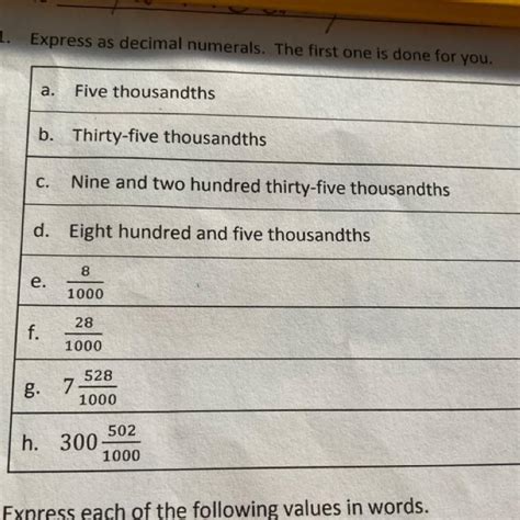 Express as decimal numerals. The first one is done for you. a. Five ...