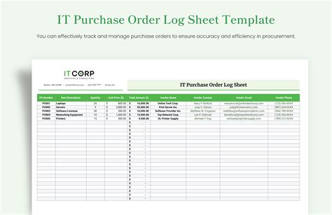 IT Purchase Order Log Sheet Template in Excel, Google Sheets - Download ...