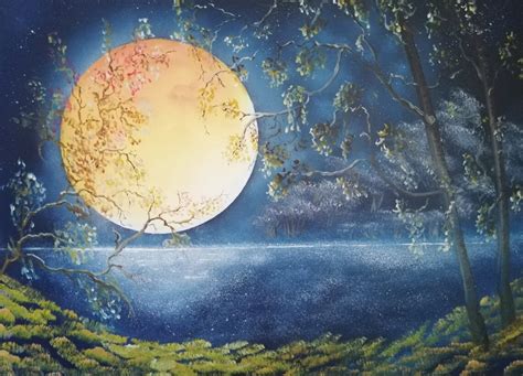 Full Moon Oil Painting Landscape | Etsy