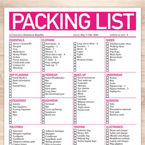 Modern Bright Pink Printable Packing List, 8.5"x11", Editable PDF ...