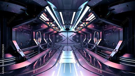 Sci-Fi space station corridor or dark specular futuristic spaceship ...