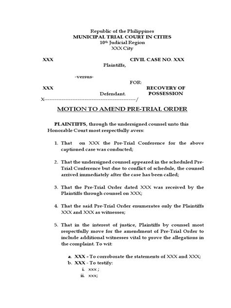 Motion To Amend Pretrial Order (Sample) | PDF | Witness | Complaint