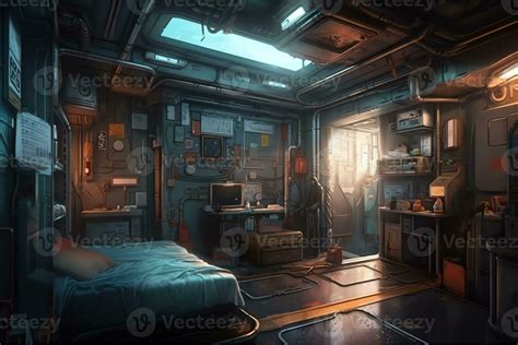 Futuristic guy room in cyberpunk dystopia concept art illustration ...