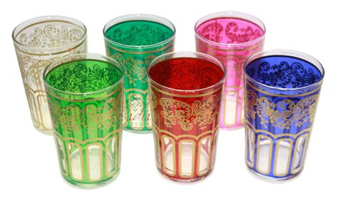 Moroccan Multi Color Tea Glasses with Gold Motif Design from Badia ...