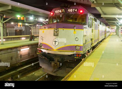 MBTA Commuter Rail General Motors EMD F40PH locomotive at night in ...