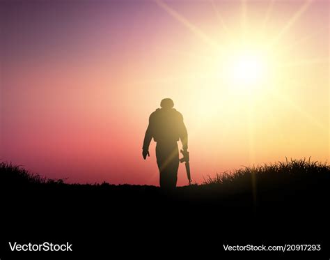 Silhouette of a soldier at sunset Royalty Free Vector Image