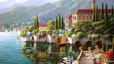 HD wallpaper: lake como, flower, painting, italy, water, tree, europe ...