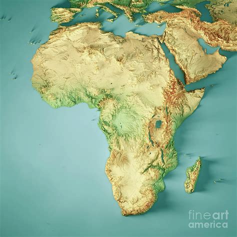 Africa Continent 3D Render Topographic Map Color Digital Art by Frank ...