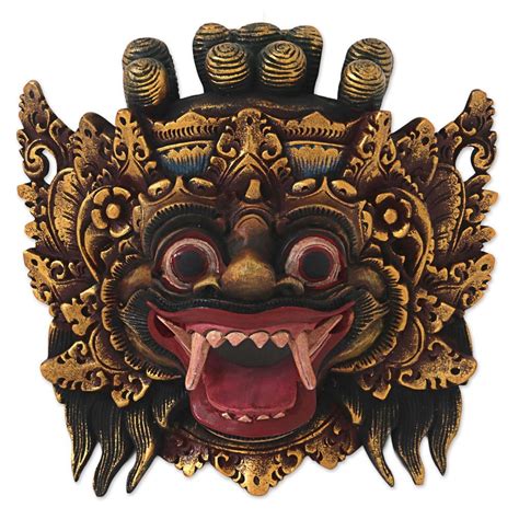 'Bali Barong' Artisan Crafted Gold Colored Wood Mask Wall Art NOVICA ...