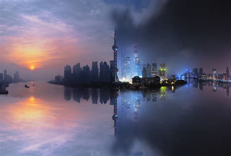 Shanghai Skyline day and night edited photo HD wallpaper | Wallpaper Flare