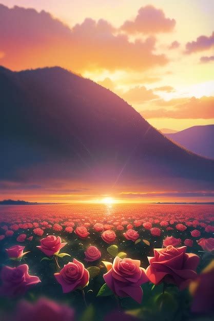 Premium AI Image | A sunset with a field of roses in the foreground.