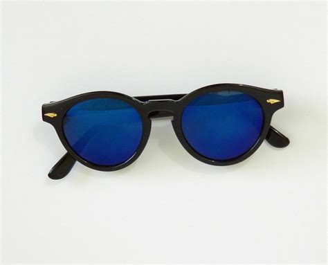 1980s Round Black Sunglasses Blue Blocker Mirrored Shades